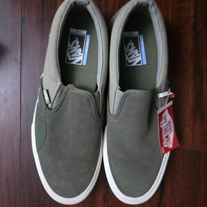 Vans Men’s Slip-On Suede Loafers in Olive Green and White